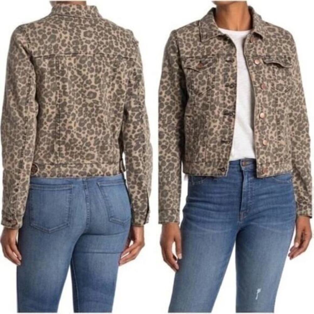 See Thru Soul Fitted Leopard Animal Print‎ Denim Trucker Jacket Size XS NWT